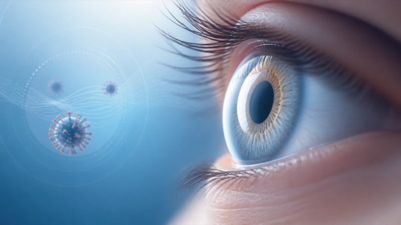 Medical illustration of an eye highlighting the cornea with abstract herpes simplex virus particles