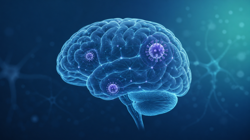 Brain with a neural network and abstract virus-like particles